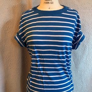 Ladies Abound blue and white striped tee shirt
